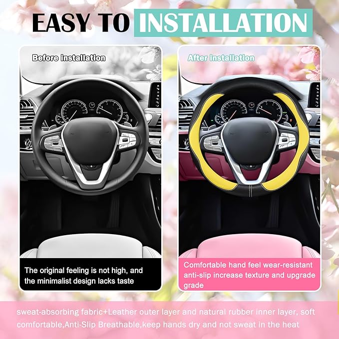 SuperKaKa Car Steering Wheel Cover 2025, Universal Auto PU Cute Breathable Slip-Proof Comfort Imitation Leather Protector Cars Interior Accessories for Women Men Fit Most Vehicle (Yellow)
