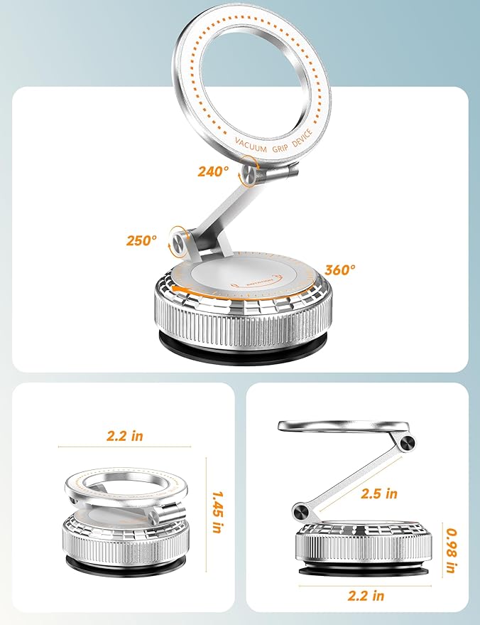 Pure Zinc Alloy Vacuum Magnetic Phone Holders for Your Car [105+LBS Suction & 3800gf Magnetic] 360° Adjustable Magsafe Car Phone Holder Mount for iPhone 17 16 15 14 13 12 Series & Android