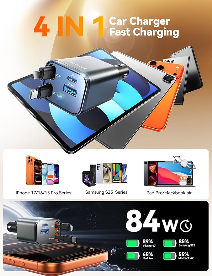 [2026 Ultra-Compact] JOYROOM Retractable Car Charger 84W Car Charger USB C for iPhone 16 17 Fast Charging, Car Accessories, Car Adapter Travel Essentials Gifts for Women Men, for iPhone 17 16 15 14 13