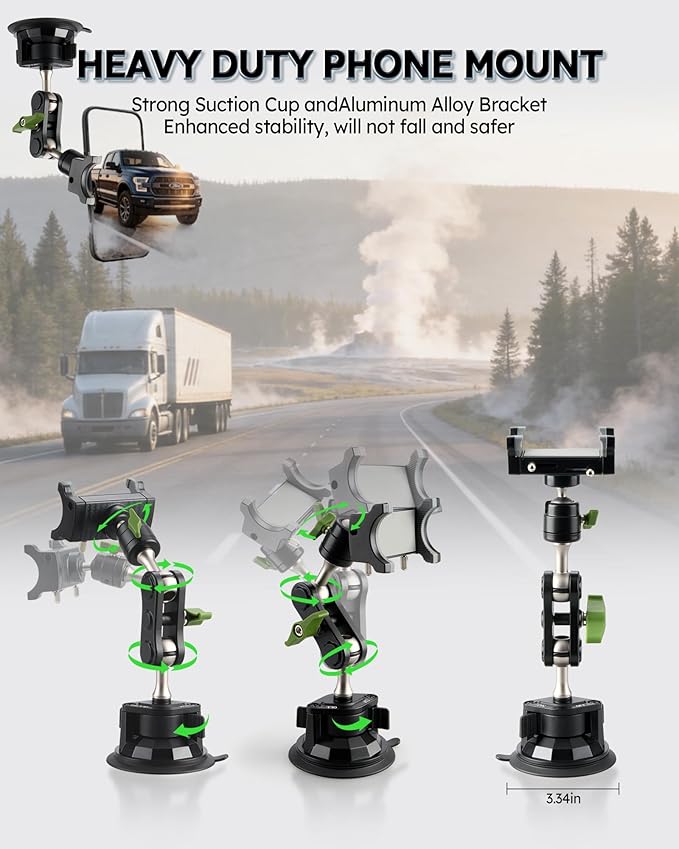 Heavy Duty Truck Phone Mount, Aluminum 360° Rotating Anti-shake Suction Cup Phone Mount, 14.5" Long Arm Metal Windshield Phone Holder for Car Truck Semi, Fits Thick Cases F-150 Silverado RAM Kenworth