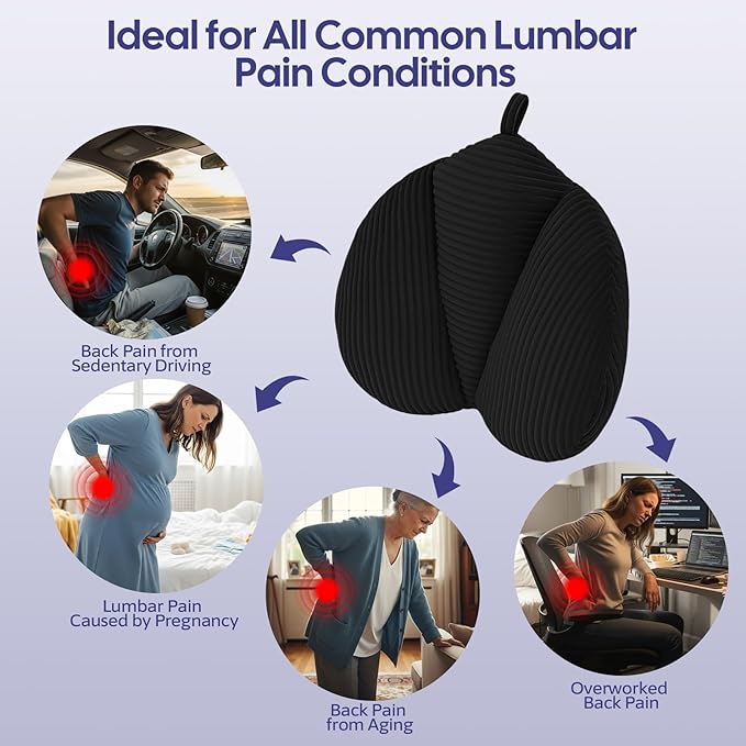 Lumbar Support Pillow for Recliner, Back Support Pillow for Office Chair, Back Cushion with Shredded Foam for Back Pain Relief & Reading, Lumbar Cushions for Couch, Sofa Seat, Car, Black