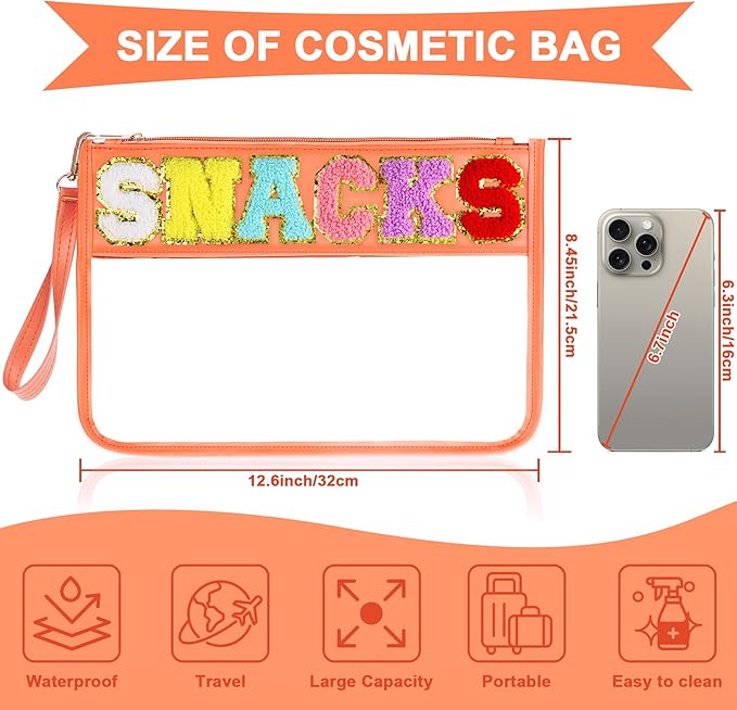Snack Bag for Travel - Clear Chenille Varsity Letter Flat Pouch with Zipper, 12.2×8.46 inch Waterproof Clear Nylon Preppy Patch Makeup Cosmetic tote Bags for Women Girls