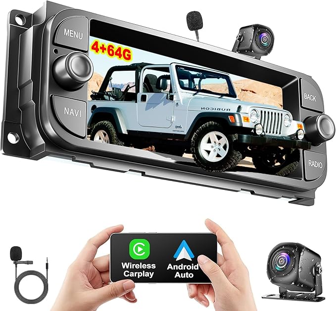 [4G+64G] Car Radio for Dodge RAM 2002 2003 2004 2005 2006, for Jeep Wrangler 2003 2004 2005 2006,Jeep Grand Cherokee 1999-2004, Support Wireless Carplay&Android Auto, 6.8 inch IPS Touchscreen