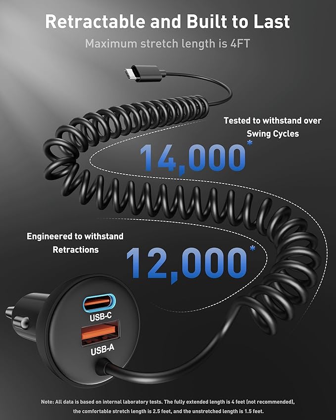 iPhone 17e 17 16 15 Pro Max Car Charger Fast Charging, 3-Port 90W Fast USB C Car Charger Adapter Cigarette Lighter with 4FT Coiled USB C Cable for iPhone 17e/17/17 Pro Max/Air/16/15 Pro/Plus, iPad