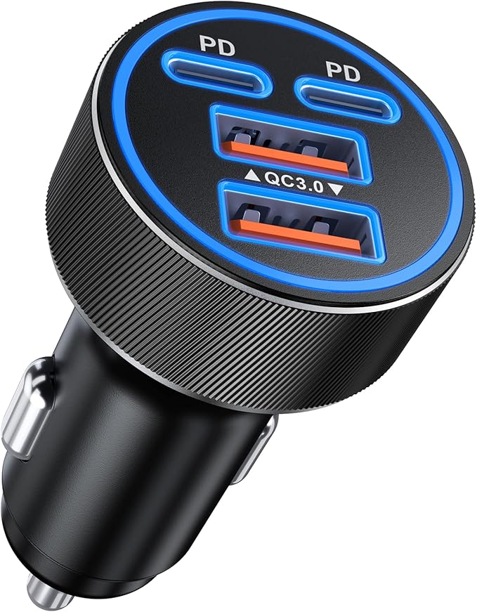 [2026 Updated 4-in-1] USB-C Car Charger, 4-Port 90W Super Fast Charging Cigarette Lighter Adapter, USB-C & USB-A PD/QC Multiport for iPhone 17/16/15, iPad, MacBook,Samsung Galaxy, and Android Devices