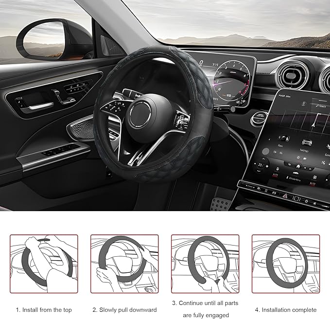 Car Steering Wheel Cover, 15 Inch Elastic Comfortable Auto Steering Wheel Protector, Anti-Slip Leather Wheel Cover Fashionable Interior Accessories for Most Cars Trucks SUVs (Black)
