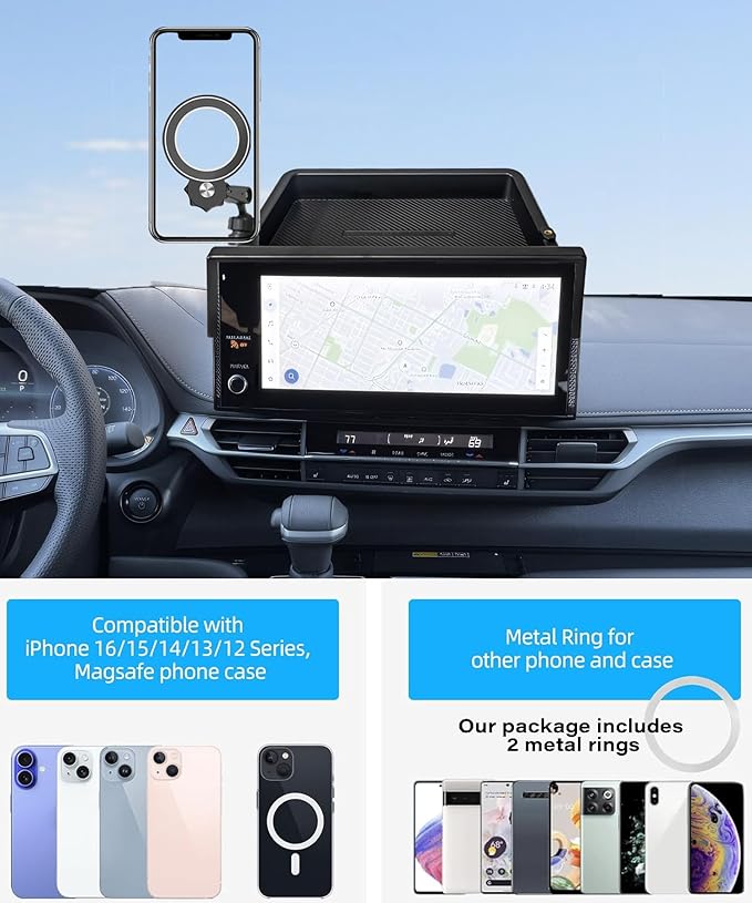 Car Phone Holder for 2025 2026 Toyota Sienna Accessories Apply to 8/12.3 Inch Screen Fixed Clip Magnetic Cell Phone Mount Hands-Free 360 Degree Rotation with Dashboard Storage Tray