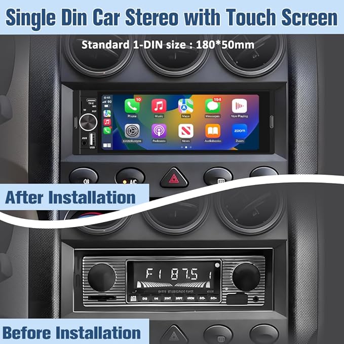 Universal Single Din Car Stereo with Wireless CarPlay & Android Auto, 6.36 Inch IPS Touch Screen Head Unit with Backup Camera/External Microphone, Car Radio Supports Bluetooth/SWC/FM/USB/TF
