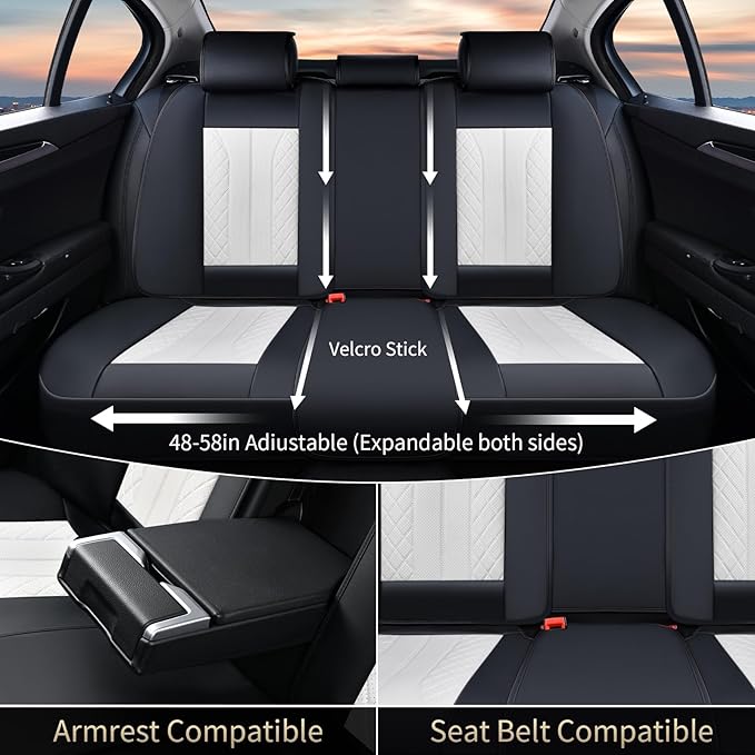 FLORICH Seat Covers Full Set Luxury Faux Leather Front and Rear Car Seat Cover Waterproof Automotive Seat Covers 5 Seats Car Seat Protector Universal Fit for Most Cars SUV Trucks, Black&White