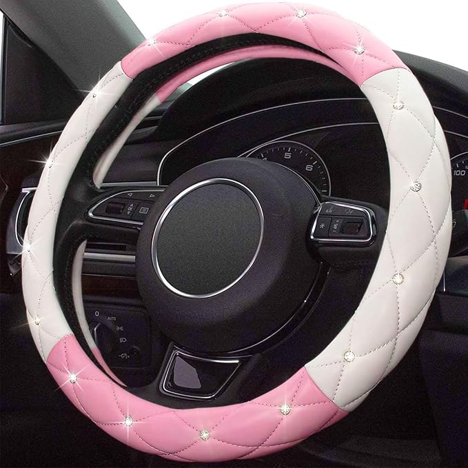 Xizopucy White Pink Steering Wheel Cover, Anti-Slip Steering Wheel Protector with Crystal Rhinestones Microfiber Leather, Steering Wheel Cover for Women and Girl Fit 14.5-15 inch