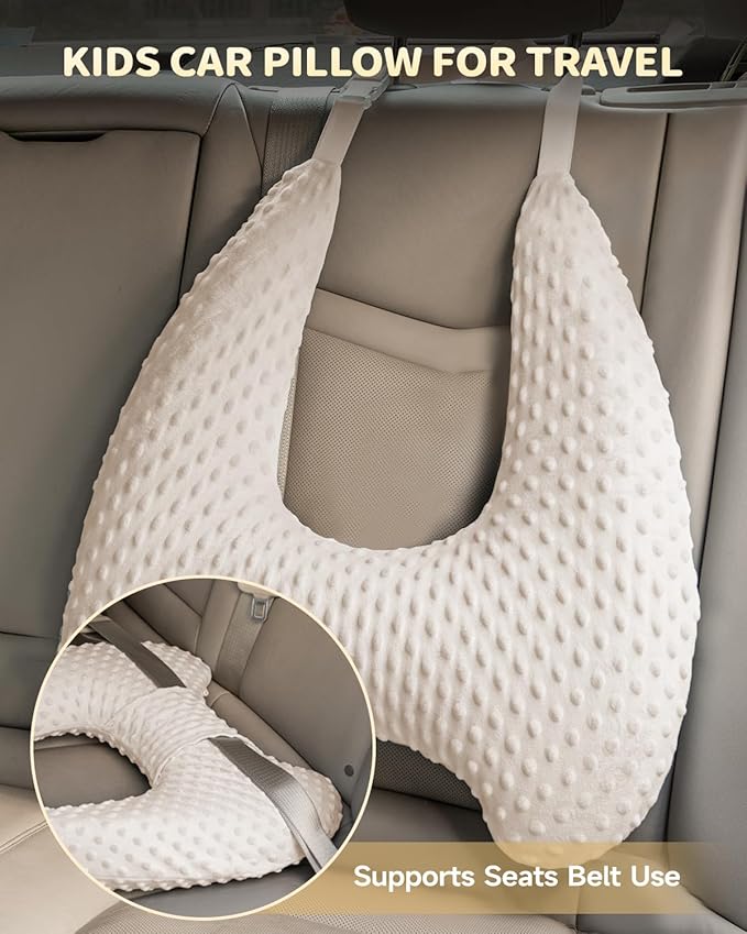 Memory Foam Kids Travel Pillow, Car Pillow for Kids, H-Shape Car Pillows for Sleeping, Removable Pillowcase, Adjustable, Velvet Dots, Beige