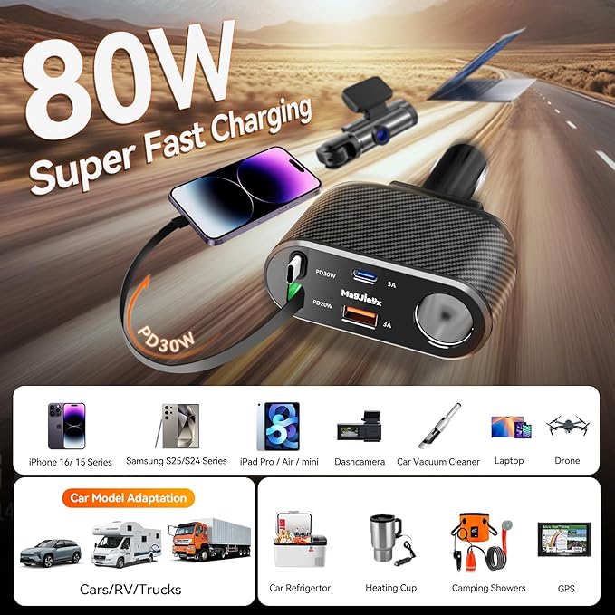 Car Cigarette Lighter Splitter Charger, Fast Car Phone Charger with 1-Socket(100W) Charging Adapter and USB C Coiled Cable for iPhone 17 16 15, Galaxy S25 Ultra/iPad/GPS/Dash Cam/Laptop