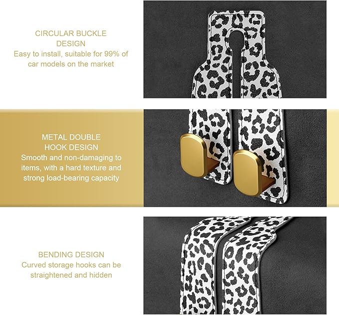 2 PCS Car Seat Back Storage Headrest Hooks, Multi-function Backseat Hanging Organizer for Bag & Phone, Leopard Print Suede Leather Hook, Hidden Storage Accessory for Cars (Black)