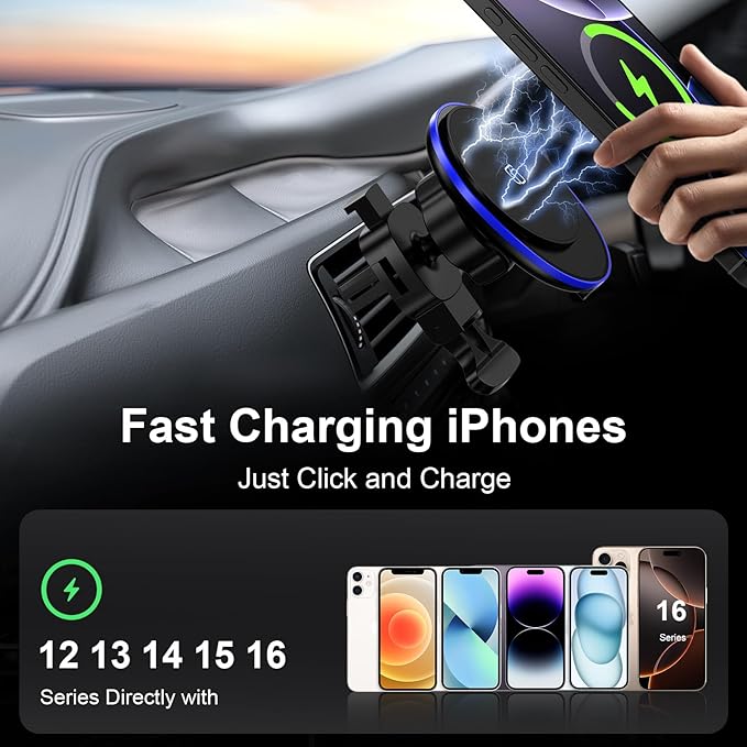 15W Magnetic Car Mount Wireless Charger for Samsung Galaxy S26 Ultra S25FE Z Fold7/Flip7 S24 S23Plus S22 S21 iPhone 17e 17 Pro Max 16e 16Plus 15,MagSafe Wireless Charger Air Vent Auto Car Phone Holder