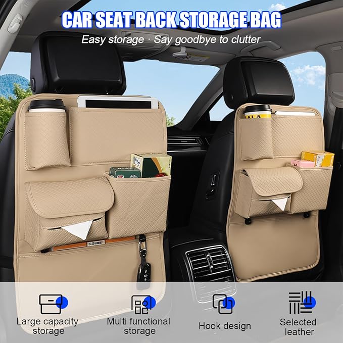 Car Backseat Organizer, 2PCS Leather Woven Multipurpose Vehicle Seat Back Protector with 4 Storage Pockets & Hook, Waterproof Automotive Kick Mat, Universal for SUV RV Truck (Beige)