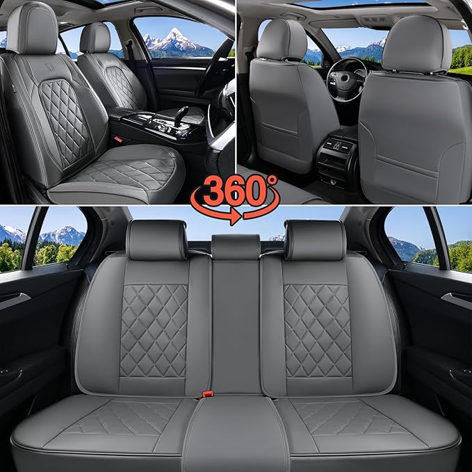 Coverado Leather Seat Covers, Car Seat Covers Full Set, Waterproof Faux Leather Seat Cover, Car Seat Protectors 5 Seats, Automotive Seat Covers Universal Fit for Most Cars SUV Trucks, Gray