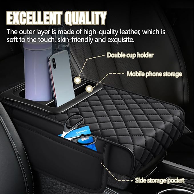 Hovom Car Center Console Cover, 13.39"×7.87"×2.76" Leather Armrest Cover for Cars, Memory Foam Armrest Pillow with Pocket, Cup Holder & Phone Slot, Universal Vehicle Arm Rest Cushion Pad (Black)