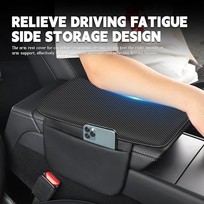 Car Armrest Cover Pad - Nappa Leather Car Center Console Cover with Breathable Holes, Non-Slip Auto Arm Rest Cushion, Universal Car Interior Accessories Fit forTesla Model Y