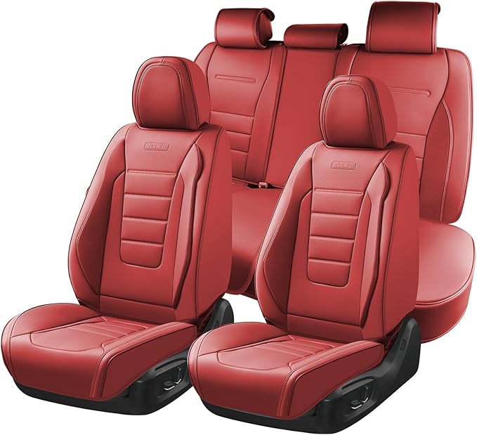 Coverado Car Seat Covers Full Set, Nappa Leather Seat Covers for Cars, Car Seat Protector Car Seat Cushion, Front and Back Seat Protectors Cushions Universal Fit for Most Cars Vehicles(Red)