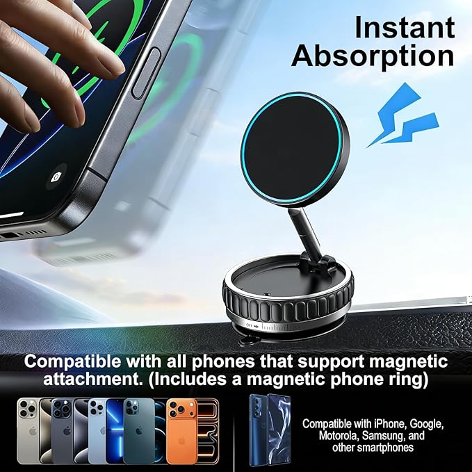 2026 Magsafe Car Mount Charger, 15W Fast Charging Vacuum Magnetic Phone Holder, Hands Free Phone Holders for Your Car Dashboar/Gym/Mirror, 360° Rotation Base, Nano Gel, for iPhone Series & Android