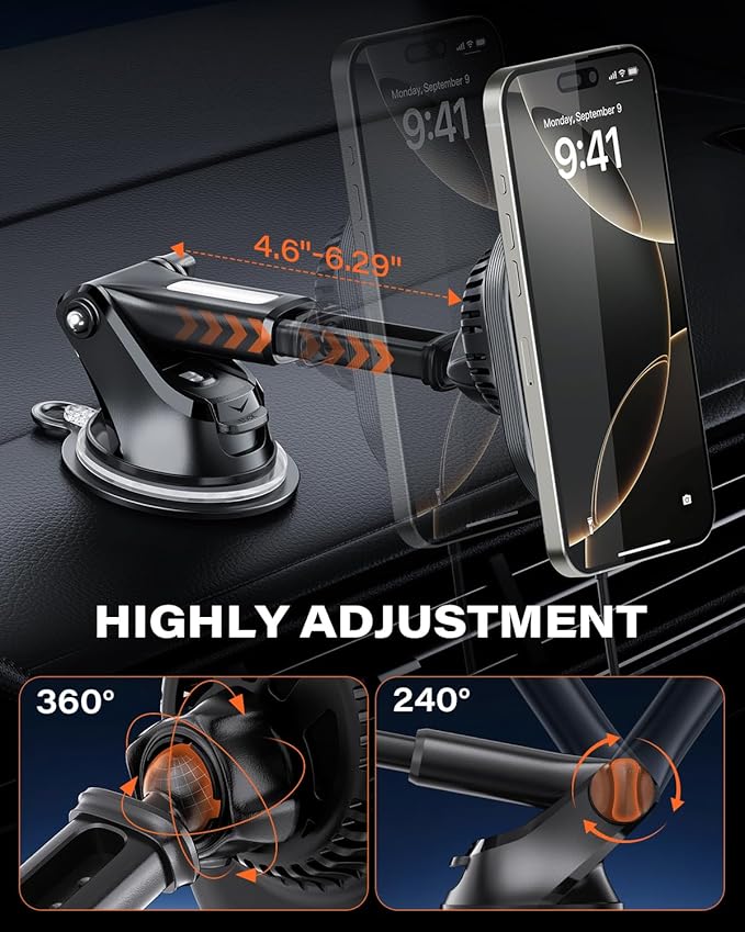 A2C for MagSafe Car Mount Charger, QI2 15W Wireless Car Charger with Dual Cooling Tech, Magnetic Car Charger for iPhone 17 16 15 14 13 12, Dash+Windshield+Vent Mount, PD 30W Adaptor Included