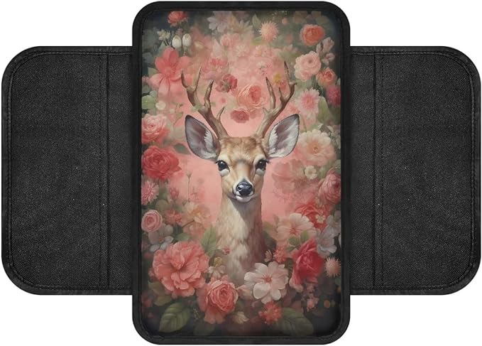 Deer and Floral Print Car Armrest Cover Comfortable Car Armrest Storage Box Mat Wear-Resistan Car Armrest Cover Cushion Car Interior Accessories Protector