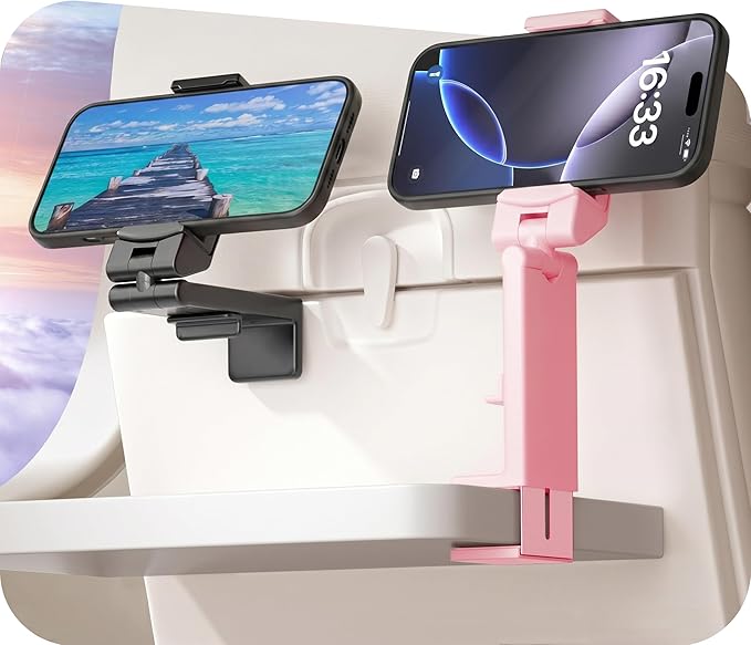 Perilogics Airplane Phone Holder Mount Universal in Flight Hands Free Viewing with Multi-Directional Dual 360 Degree Rotation (Black/Pink)