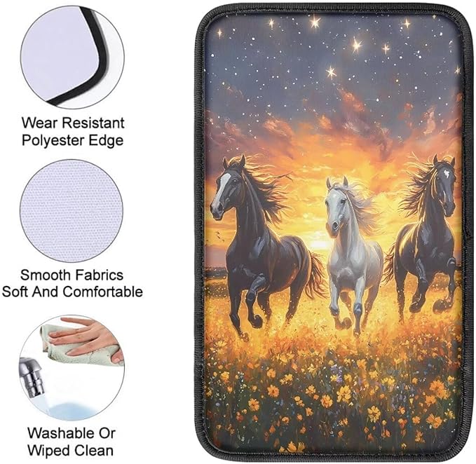 Floral Sunset Horse Truck Vehicle Armrest Covers Car Center Console Cushion Pad Middle Storage Organizer Pad Universal Style Car Interior Decor