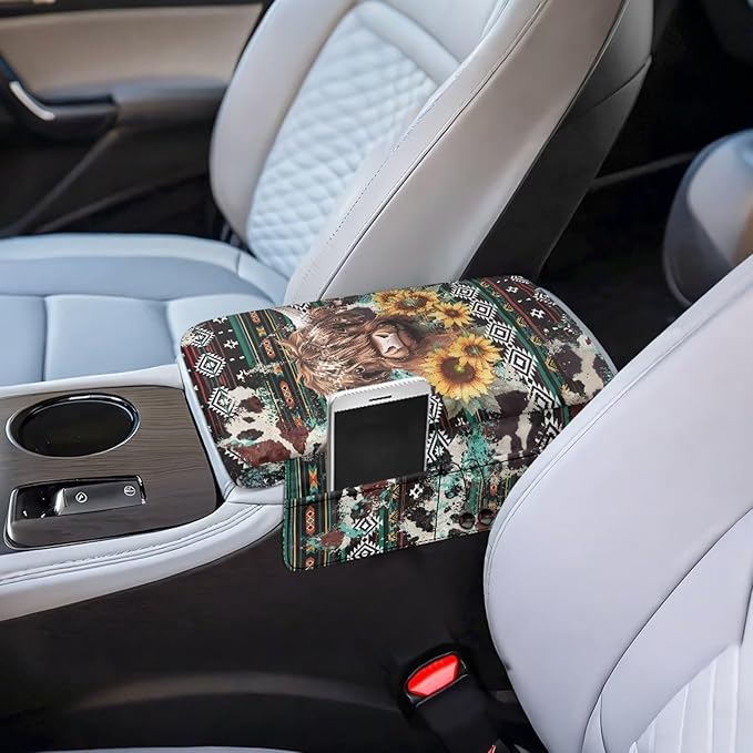 Wanyint Aztec Highland Cow Sunflower Car Center Console Cover Soft Armrest Cover Protector Wear-Resistant Non-Slip Middle Console Pad Protective Cover for Car Storage Box Universal Fit