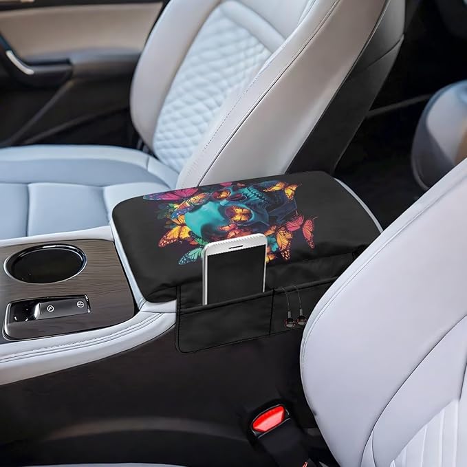 Wanyint Skull Butterfly Car Center Console Pad Non-Slip Armrest Box Mat with 4 Storage Bags Comfortable Center Console Armrest Pillow Arm Rest Cushion Protector Auto Accessories