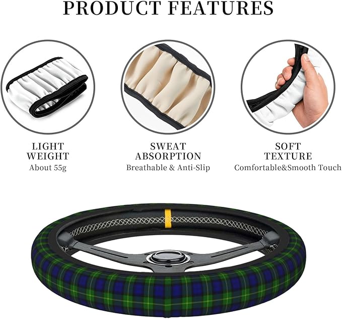 Thickened Elastic Steering Wheel Cover, Gordon Tartan Blue Green Plaid Ultra, Soft, Breathable, Fit for Cars, SUVs, Trucks, Stylish Comfortable Grip