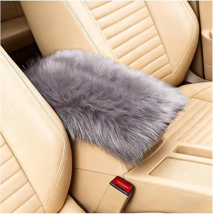 Car Center Console Cover, Fluffy Soft Vehicle Middle Console Arm Rest Cushion Pad, Furry Automotive Interior Armrest Seat Box Protector Decoration Accessories, Universal Fit (Light Gray)