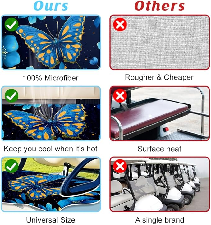 ORIGACH Blue Butterfly Golf Cart Seat Covers, Comfortable Cooling Golf Cart Blanket Towel, 100% Microfiber, Fits EZGO, Club Car, and More 2-Seat Golf Carts, 51x31inch