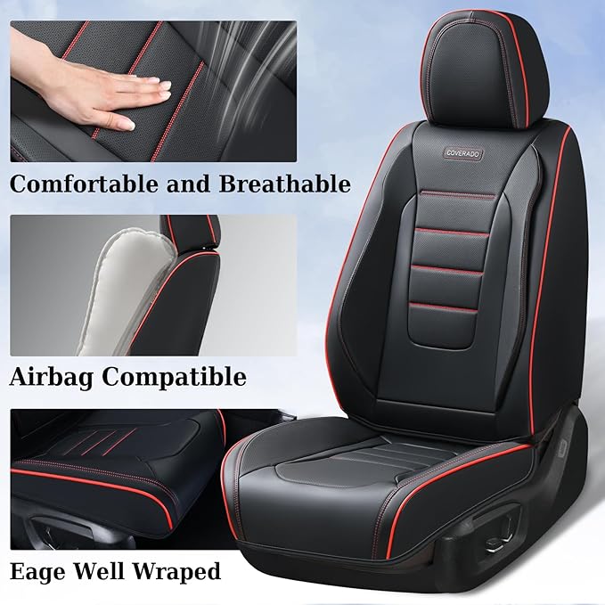 Coverado Seat Covers Full Set, Seat Covers for Cars, Car Seat Cover, Car Seat Protector, Nappa Leather Car Seat Cushion, Waterproof Car Seat Covers Front Seats and Back Fit for Most Cars (Redline)