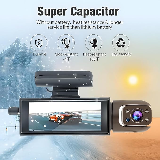Dashcam Front and Inside,Car Camera Dash Cam for Cars,Driving Recorder with IR Night Vision,Loop Recording,Wide Angle Lens,3.16 Inch IPS Screen,Parking Mode (Silver)