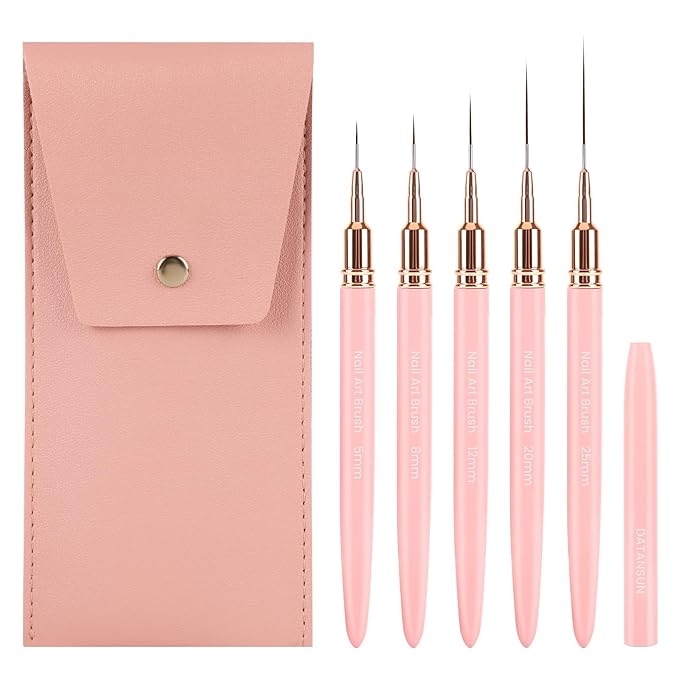 5PCS Nail Art Brushes Set with Pink Leather Case，【Metallic Material】 【Various Size】 【Light Weight】Nail Brush， Nail Brushes for Nail Art，Size：5mm,8mm,12mm,20mm,25mm, Pink