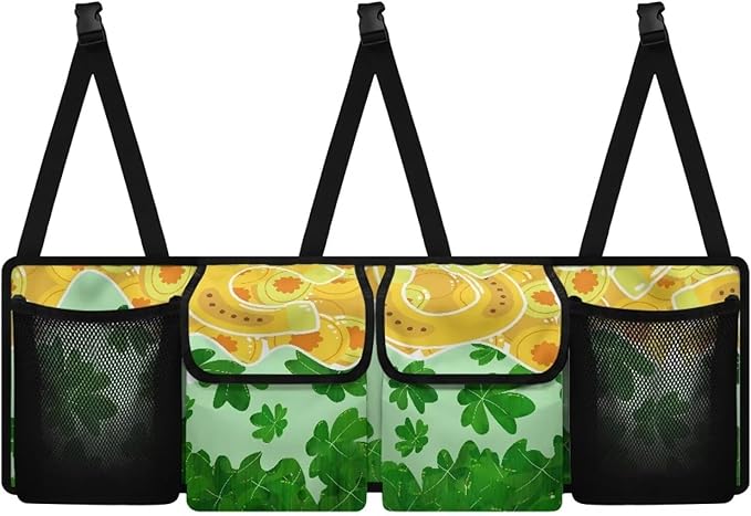 St. Patrick Day Car Trunk Organizer Green Leaves＆Horseshoes Hanging Cargo Storage Bag Cargo Bag,Easy to Install,Add to the Festive Atmosphere
