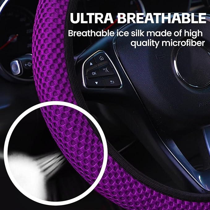 Elastic Stretch Car Steering Wheel Cover, Comfortable Steering Wheel Cover Universal for 14.5-15 Inch, Warm in Winter & Cool in Summer, Anti-Slip Breathable Ice Silk (Purple)