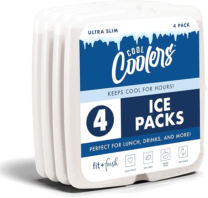 Cool Coolers by Fit & Fresh Slim Ice Packs, Quick Freeze Reusable Ice Packs for Lunch Boxes & Coolers, Long-Lasting, Space Saving Lunch Ice Packs, Ivory, 4Pk