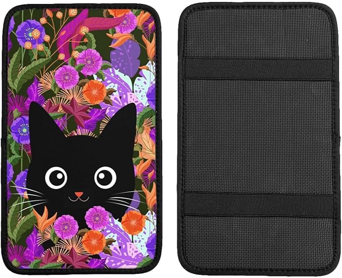 Universal Car Center Console Cushion Pad, Purple Flowers Black Cat Soft Waterproof Car Center Console Cover Auto Armrest Seat Box Cover Protector for Most Vehicle SUV Truck Car