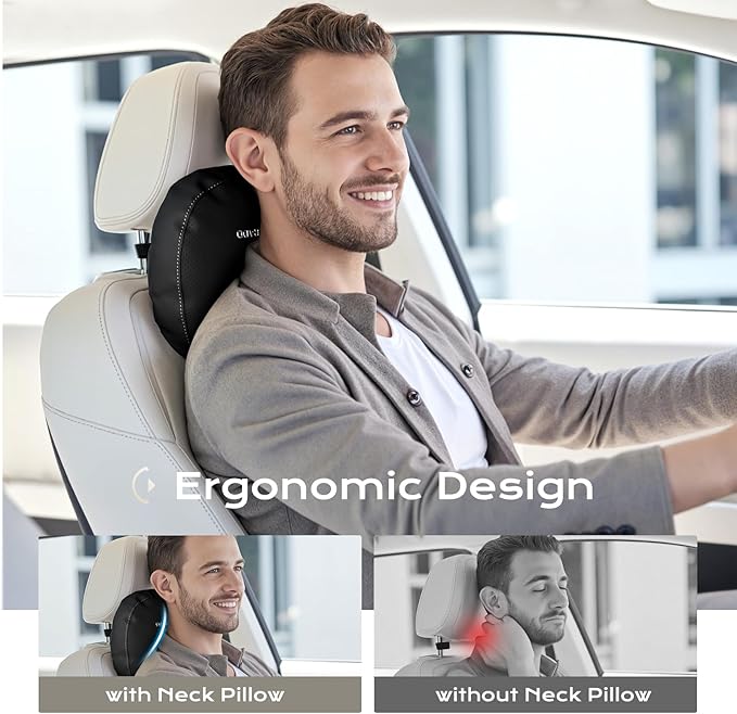 Coverado Leather Car Headrest Pillow Car Neck Pillow with Adjustable Strap, Head Support Rest Driver Relax Head Muscles Relieve Driving Fatigue, Breathable & Removable Cover, Black