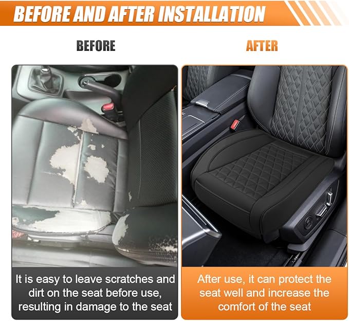 Luxury Faux Leather Car Seat Cover, Anti-Slip Waterproof Universal Front Bottom Seat Protector with Storage Pocket, Triangular Pattern Vehicle Seats Cushion for Sedans, SUVs, Trucks (Black)