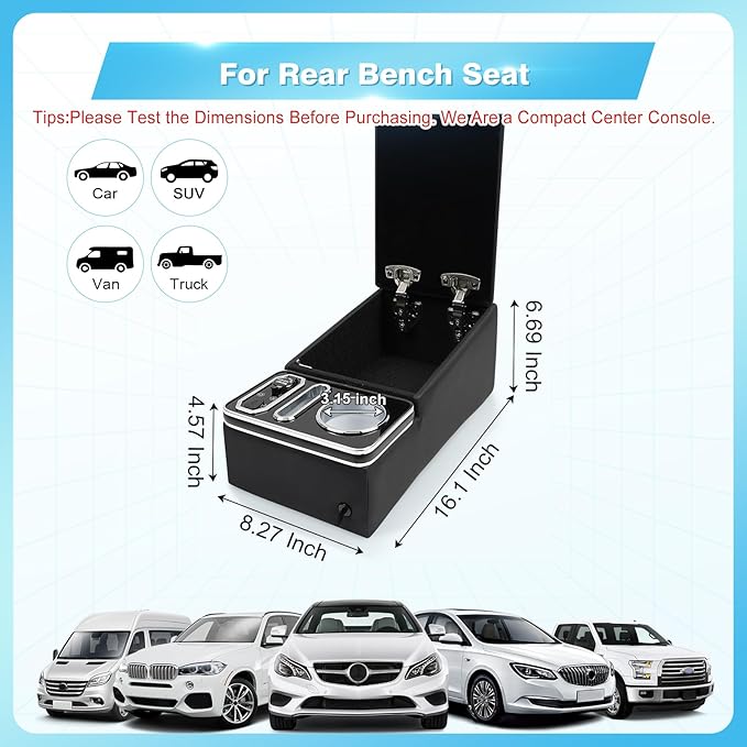 Car Center Console, Universal Bench Seat Consoles, Truck Seat Organizer and Storage, Cup Holder&Phone Holder for Small Car, Truck, Minivan (Small Center Console)