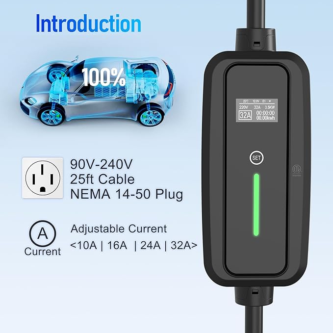 Level 2 EV Charger,32Amp 95-270V,Electric Car Charger Portable EV 25FT Cable with NEMA 14-50 Plug, Adjustable Current,Home EV Charging Station,for J1772 EVs ONLY