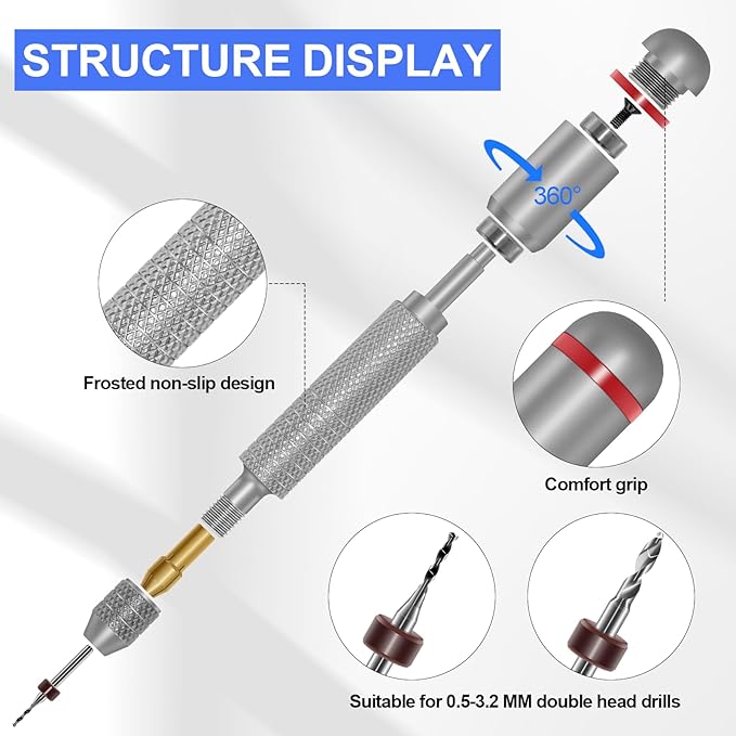 21 PCS Hand Drill Set, Pin Vise Hand Drill Set Including 10 PCS (1.6-2.5mm) Miniature Mini Drill Bits and 10 PCS (0.5-3.2mm) PCB Mini Chuck Chuck for Jewelry DIY, Resin, Wood, Model Making