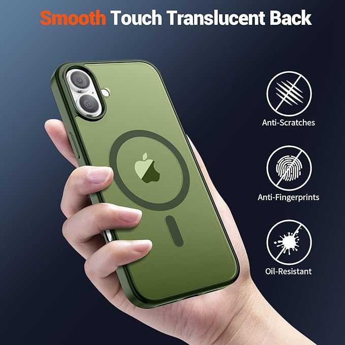 SUPFINE Magnetic for iPhone 16 Case (Compatible with MagSafe) (Military Grade Drop Protection) Slim Translucent Matte Shockproof with Anti-Fingerprint Phone Case,Cangling Green