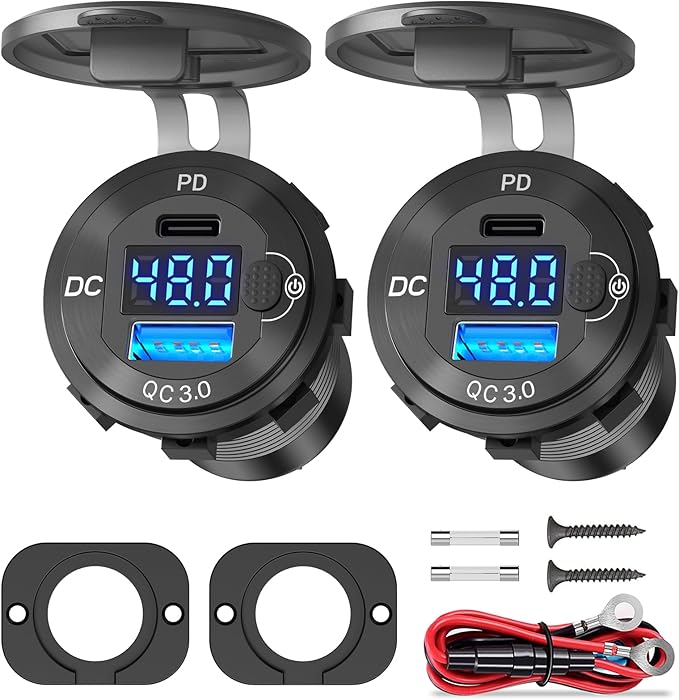 2 Pack High Voltage USB Outlet 12V 24V 36V 48V 60V Aluminum Car Charger Socket, PD 30W USB C and QC 36W Car USB Port Waterproof Cigarette Lighter Power Adapter DIY Kit with Switch for Ship Truck, etc.