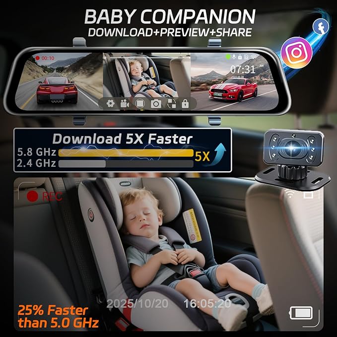 L09 12" 4K Mirror Dash Cam and Backup Camera with Front and Rear Dual Cameras, Built-in GPS, Wi-Fi, Loop Recording, G-Sensor, WDR, and HDR Night Vision, Includes 128GB Memory Card