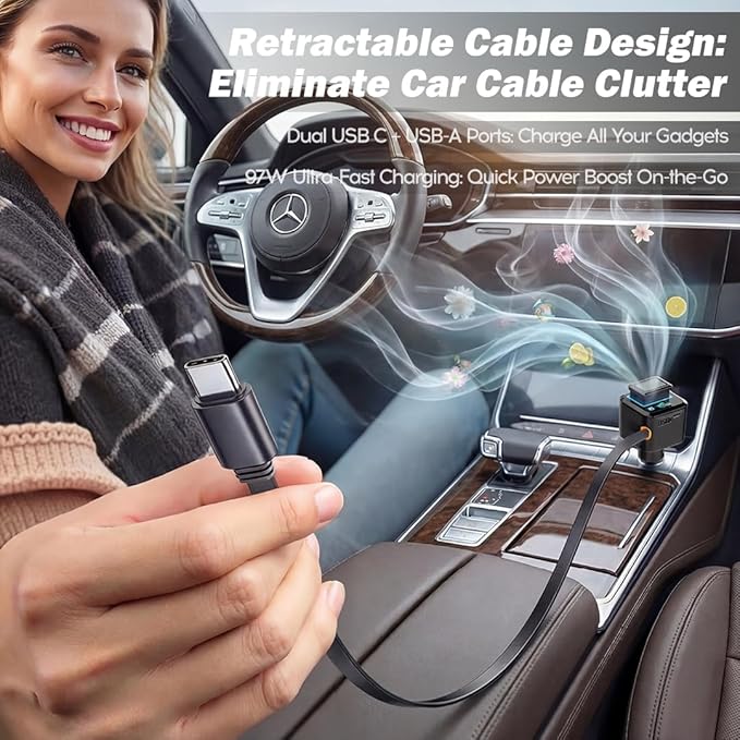 BS-01C 45W Car Charger with Retractable Type-C Cable, 30W USB C & 22.5W USB A Ports, 3-Port Super Fast Charging, Built-in Fragrance Diffuser & Safety Chip (Shop can Purchase Scent Refills)
