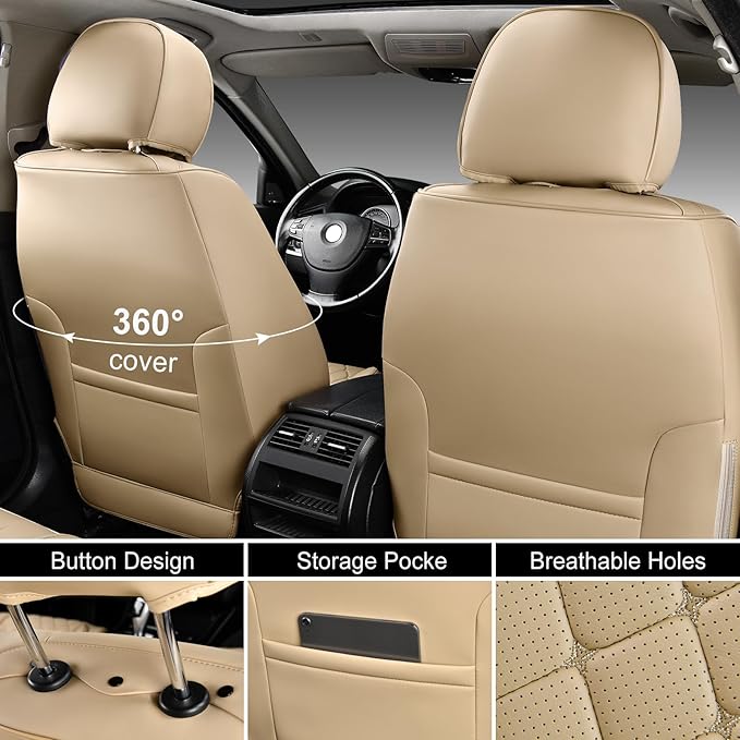 Auto Car Seat Covers Full Set Leather Cushion Protector Breathable Waterproof Seat Cover for Cars Universal Fit (Beige, Full Set Without Headrest)